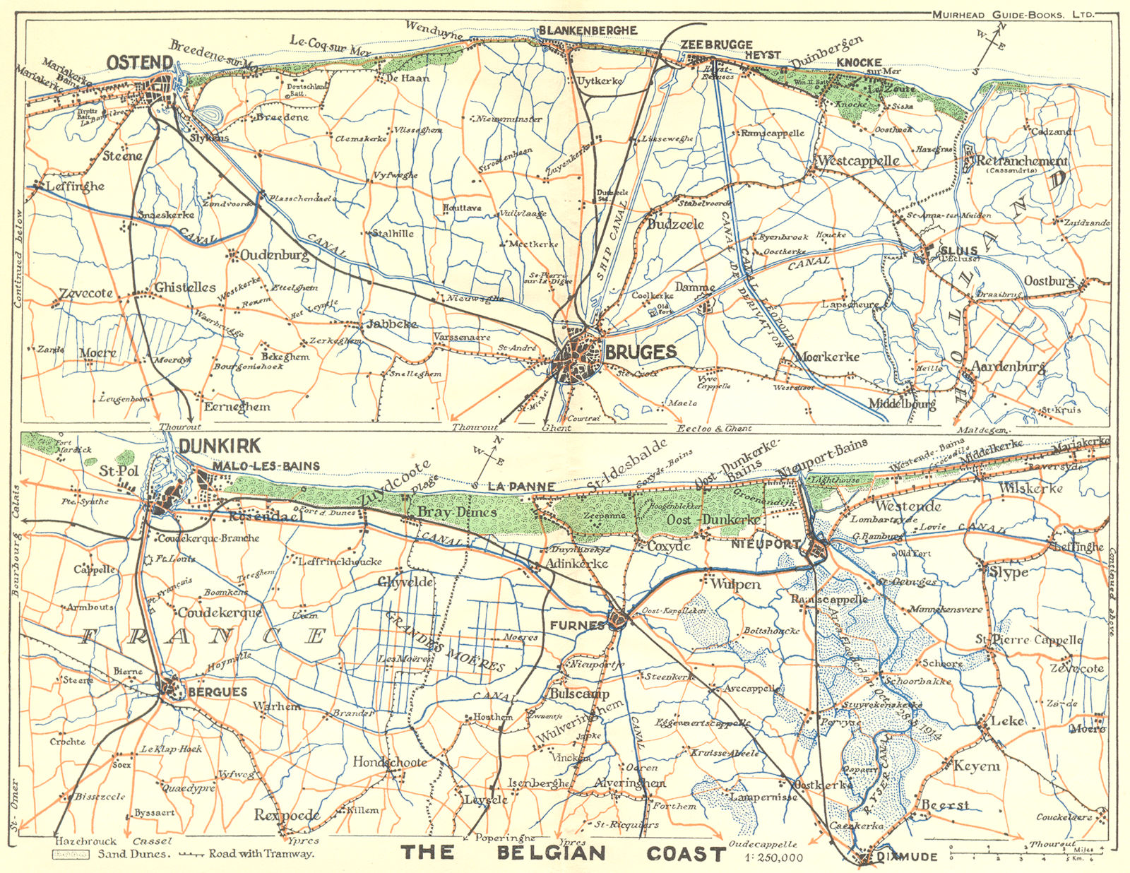 BELGIUM. Belgian coast Ostend Bruges Dunkirk 1929 old vintage map plan chart